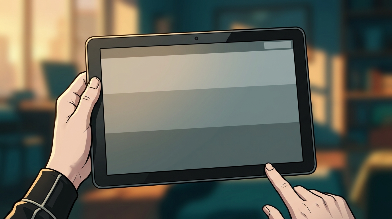 Dexy holds a tablet showing three rows of a control-override record on its front glass.