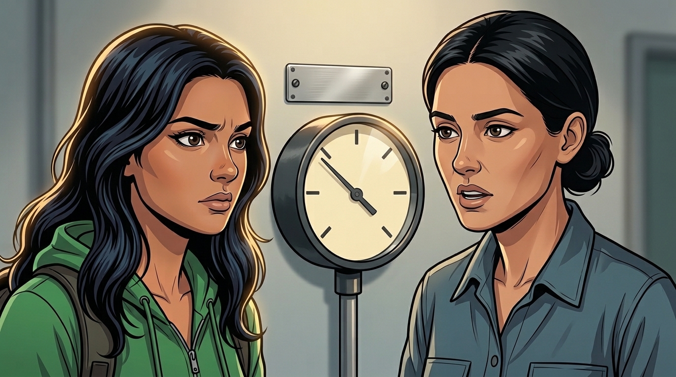Ketty and Leena watch the town-branch gauge between them as its needle falls back toward the low end.