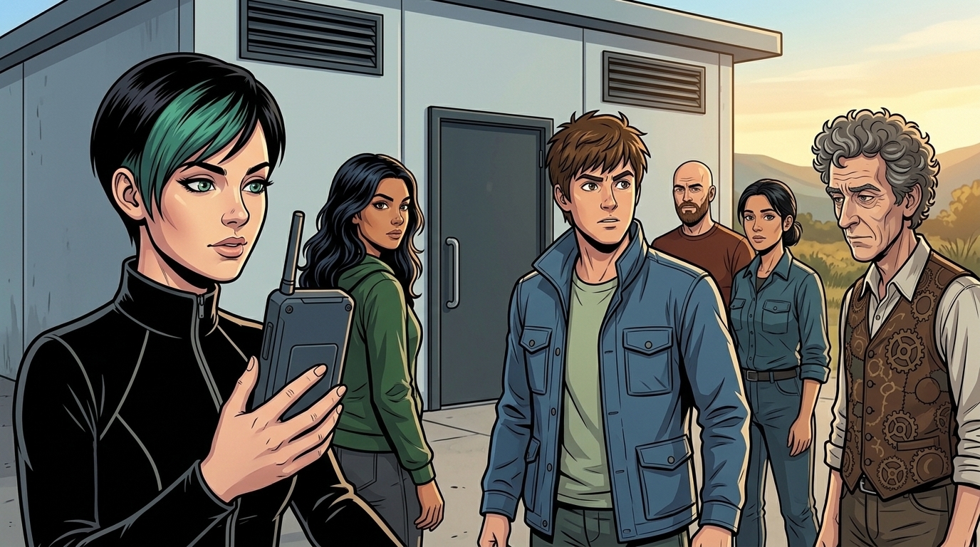 Dexy holds the satellite handset outside the Hill Annex while Ketty, Kaz, Ren, Leena and Barney listen nearby.