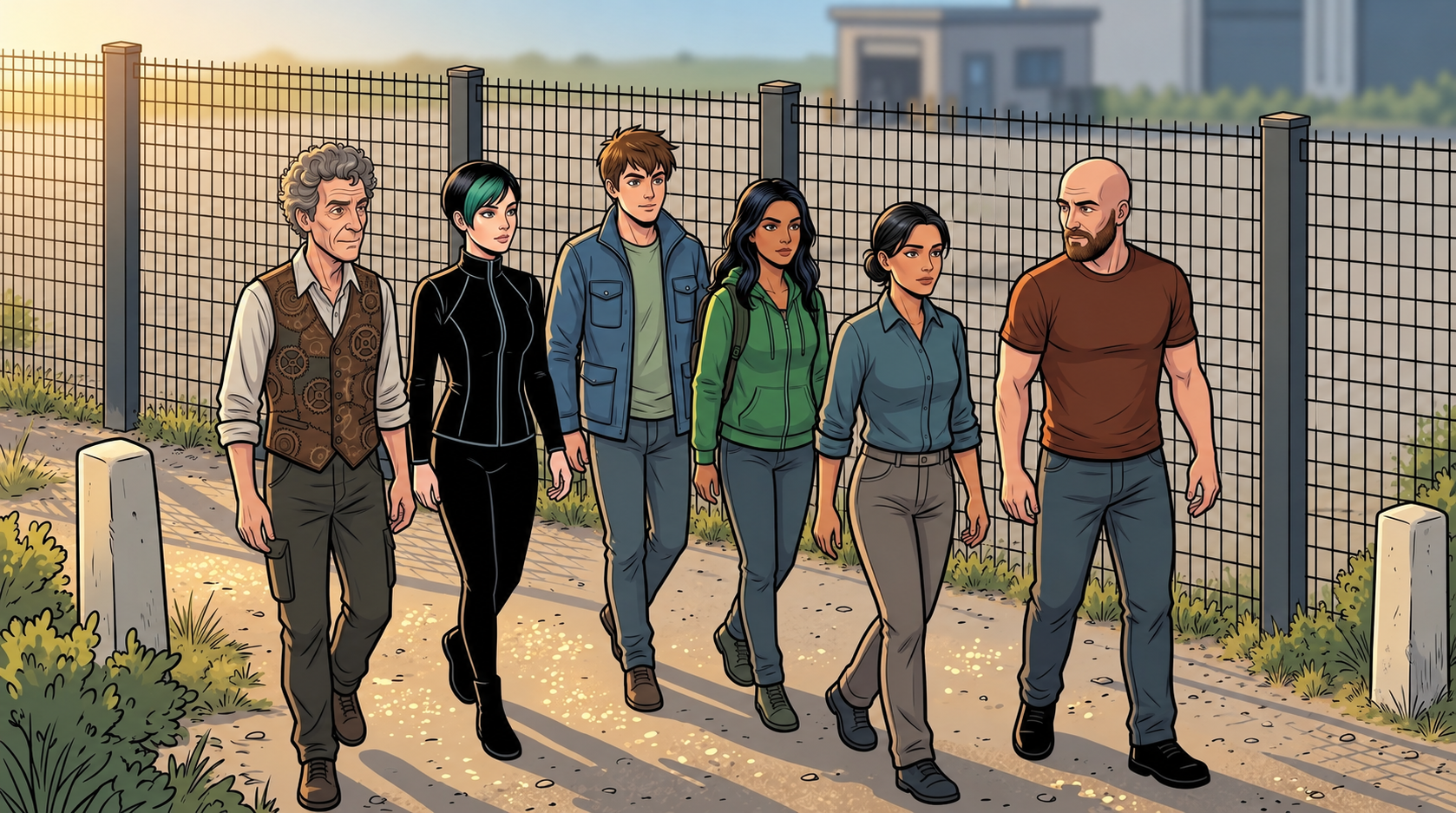 The team walks beside a continuous perimeter fence with no gate or doorway.