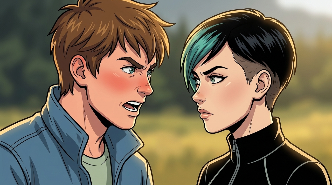 Kaz speaks angrily to Dexy on the path; she meets him with a level, skeptical expression.