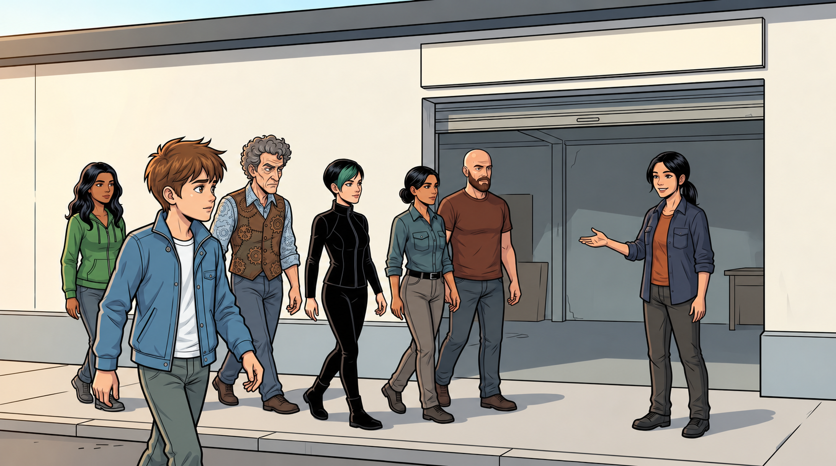 Sella welcomes Ketty, Kaz, Barney, Dexy, Leena and Ren outside her repair workshop in Luma later that afternoon.
