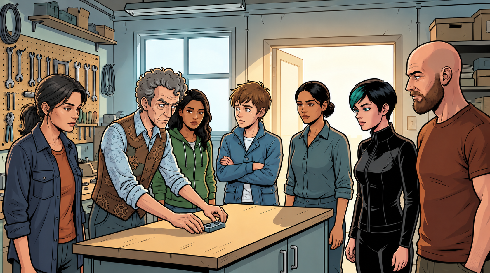 Barney sets the retained bridge on Sella’s workbench while Sella, Ketty, Kaz, Leena, Dexy and Ren gather around.