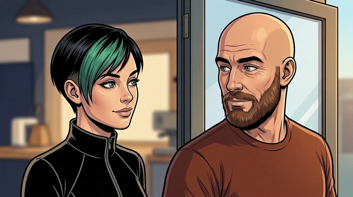 Ren pauses in the workshop doorway and exchanges a teasing look with Dexy before leaving.