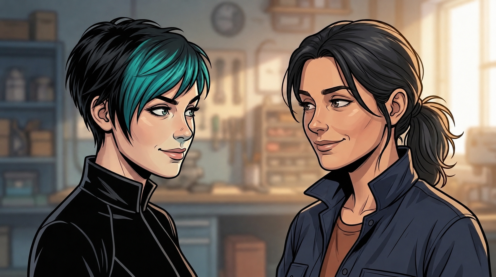 Dexy and Sella exchange playful smiles inside the workshop.