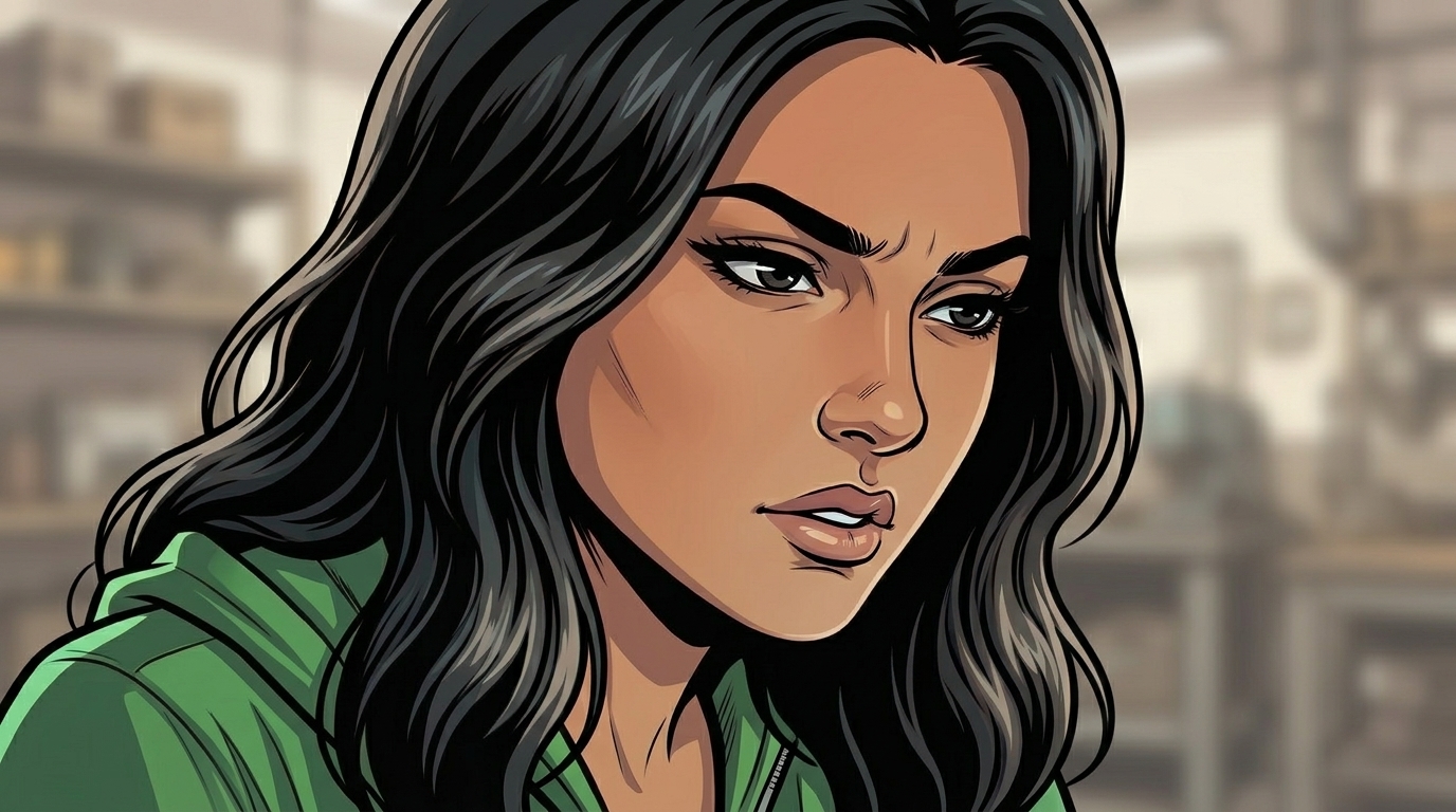Ketty studies the situation with a serious, thoughtful expression.