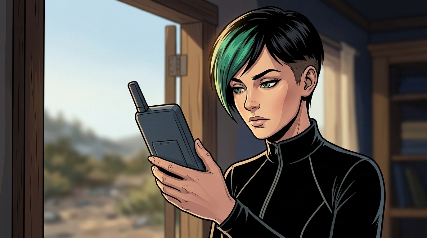 Dexy listens to Arlo through the satellite handset beside the workshop doorway; the handset’s rear faces the reader.