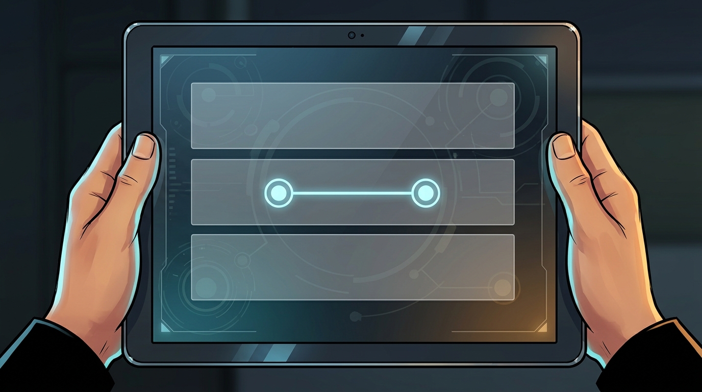 A tablet’s front glass shows the original installation record, with the independent stop route and its local activation requirements.