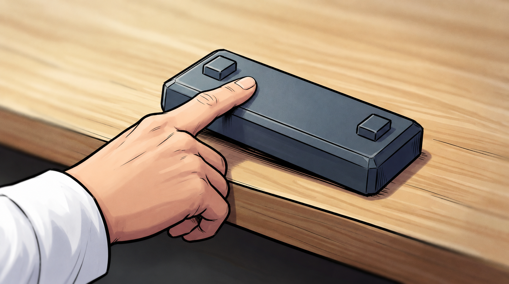 Barney points at the retained bridge lying on the wooden workbench; its connector geometry remains visible.