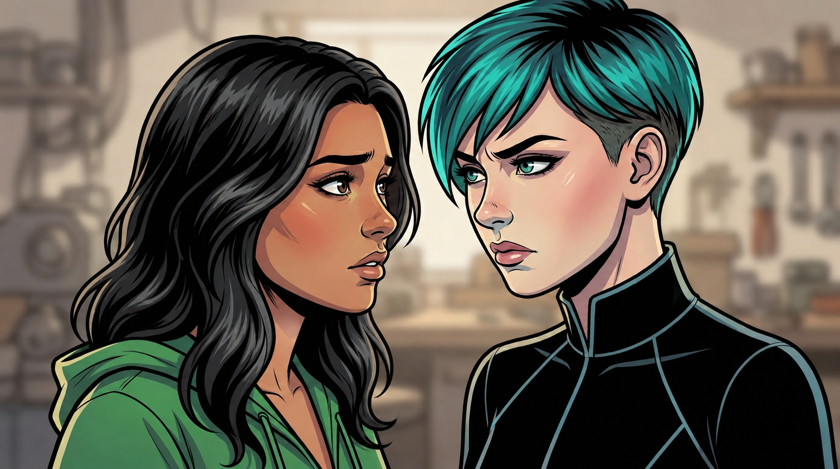 Ketty and Dexy exchange a troubled look inside the workshop.