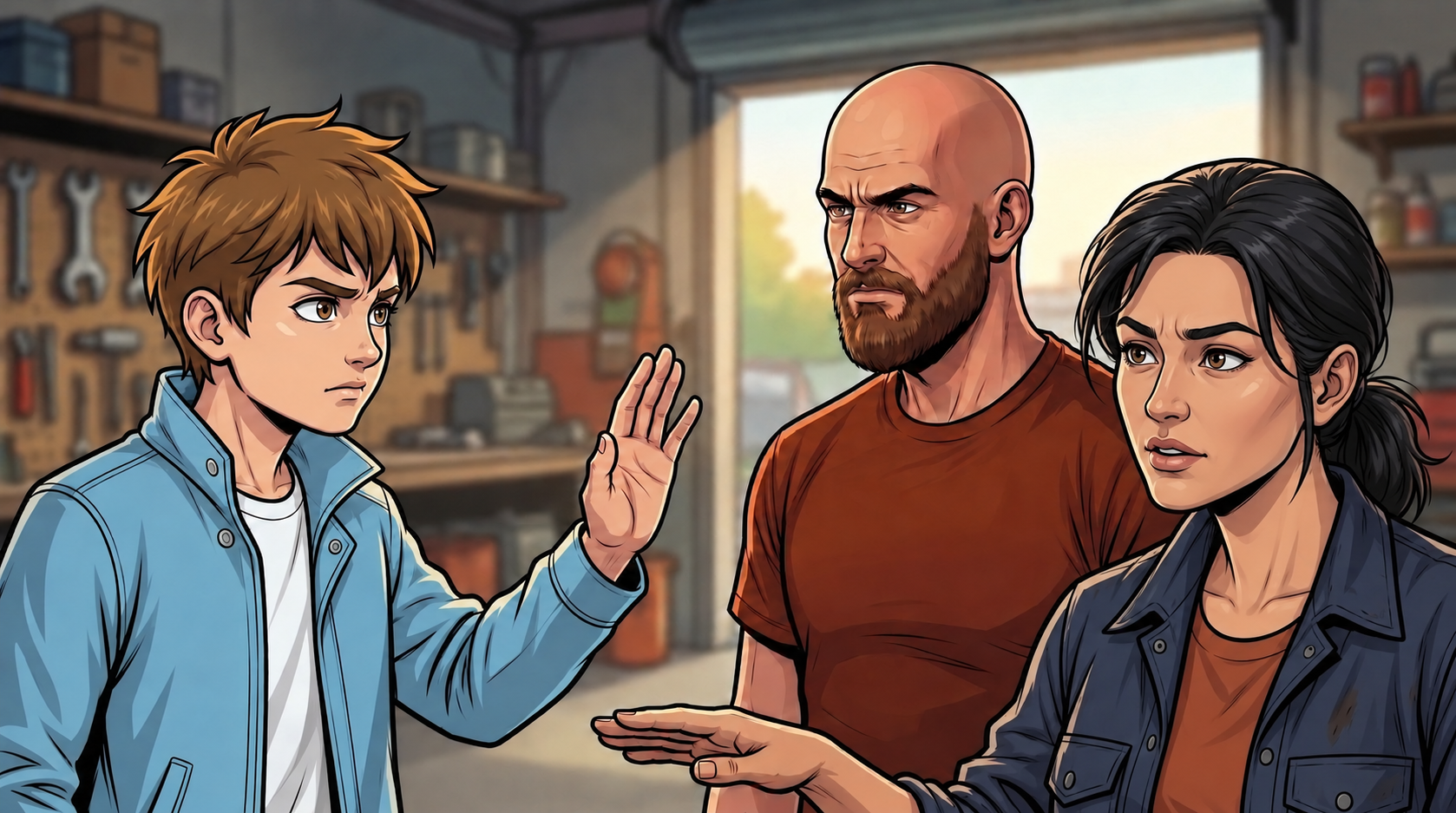 Kaz confronts Ren while Sella raises a hand to stop the argument in her workshop.
