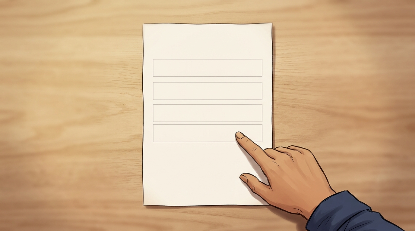 A hand points to the fourth ruled row of the retained frame service order on the wooden bench.