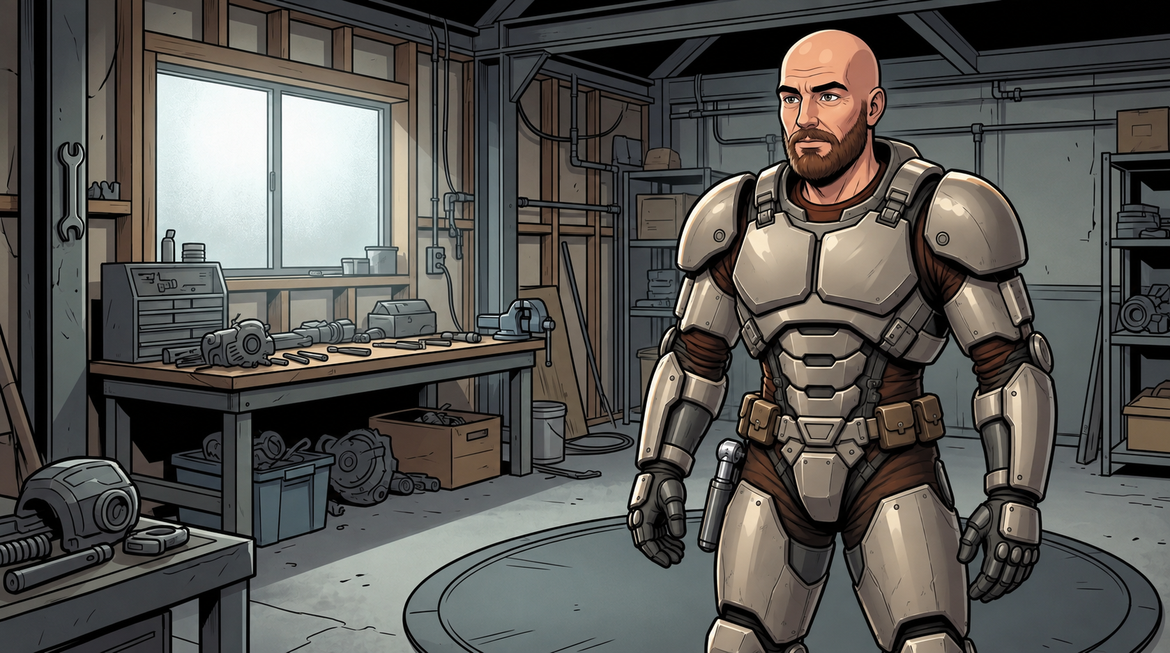 Later at the service bay, Ren stands alone inside the converted industrial load frame with his head uncovered.