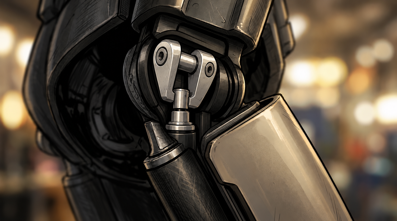 A close view of the intact upper leg mount and the protective plate beneath it.