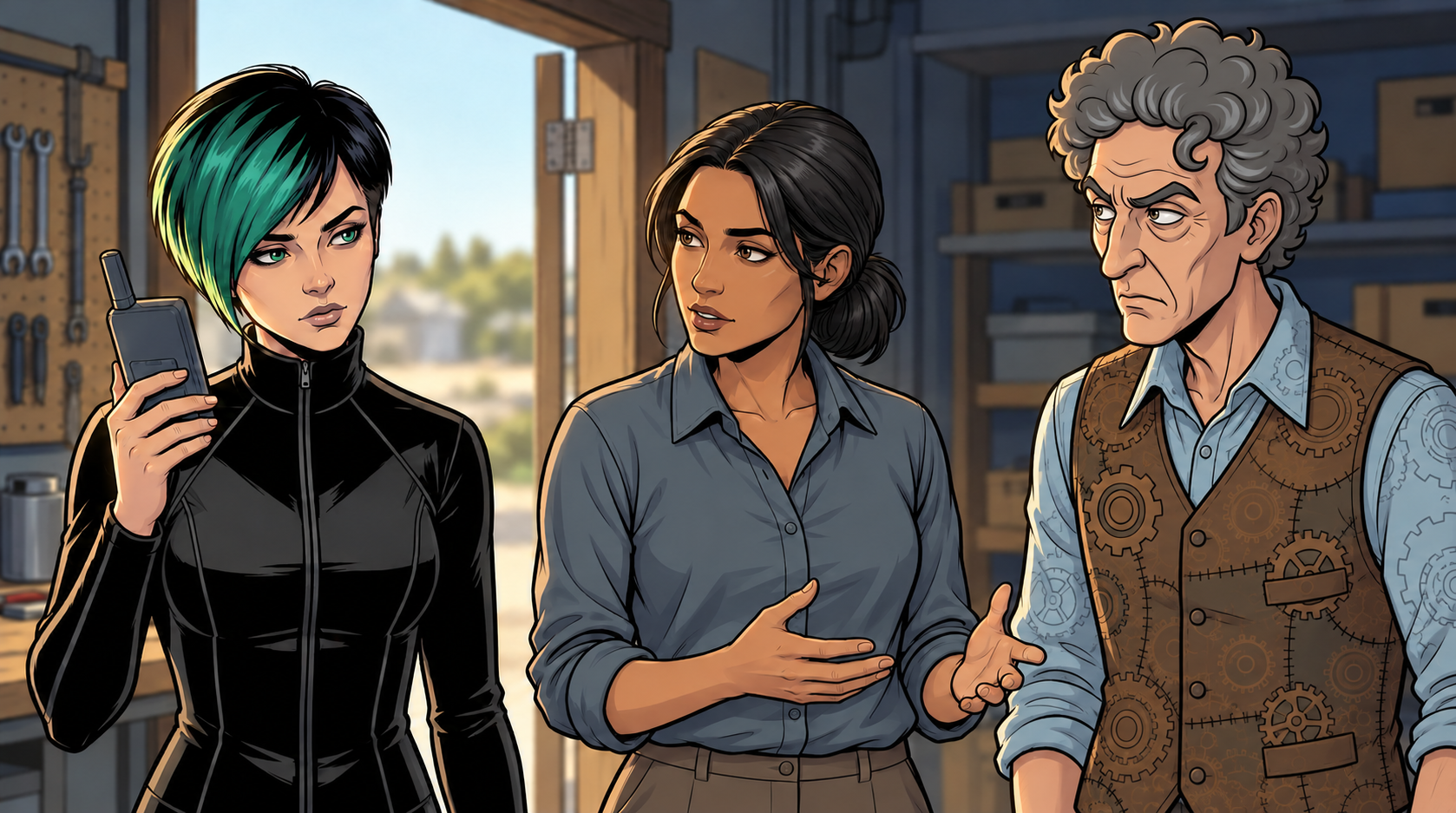 At the workshop threshold, Dexy holds the satellite handset with its rear toward the reader while Leena explains the drone loan and Barney listens. The tablet remains stowed.