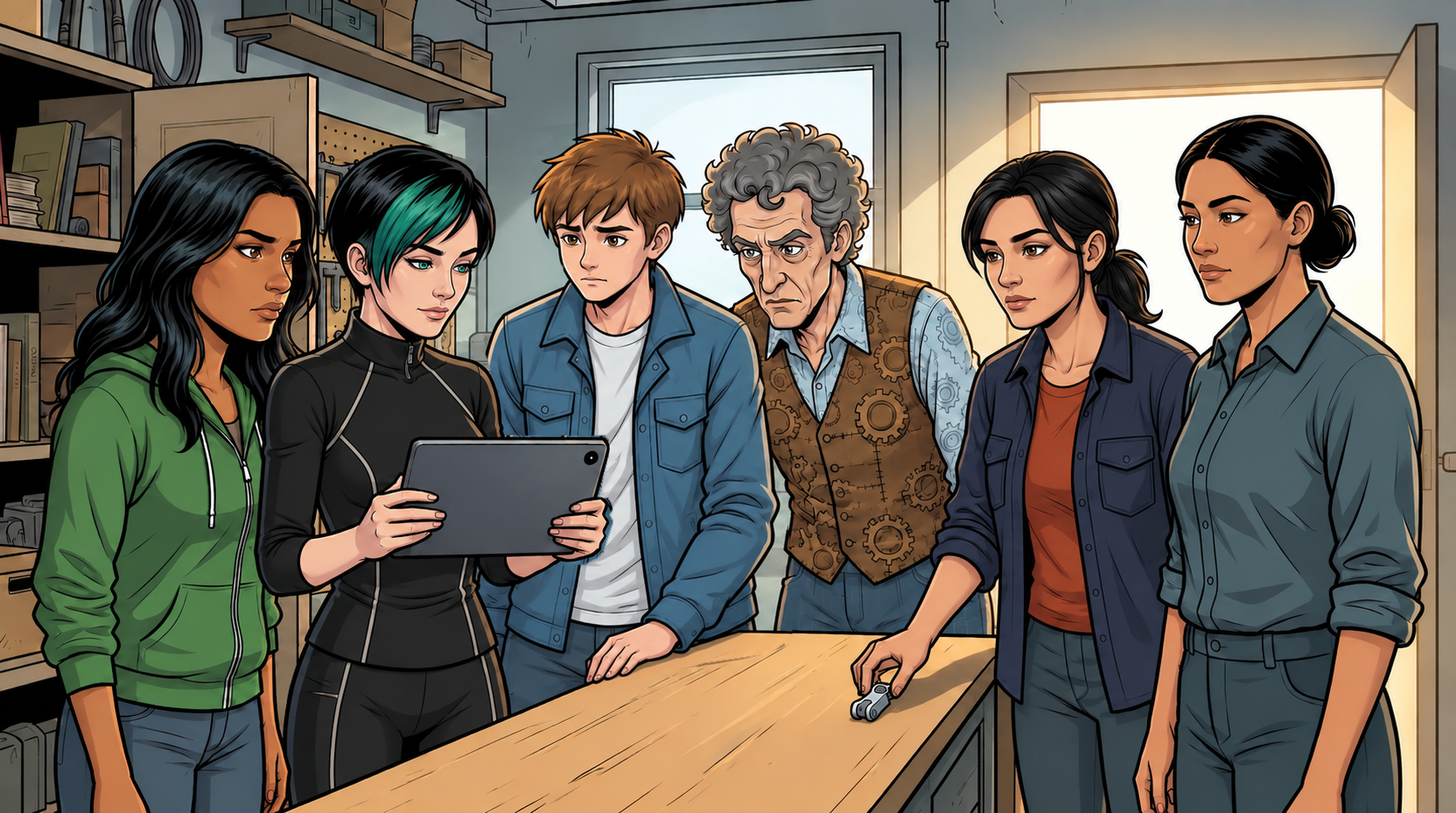 Sella, Dexy, Ketty, Kaz, Barney and Leena compare the original load-mount sample and maker record in Sella’s workshop.