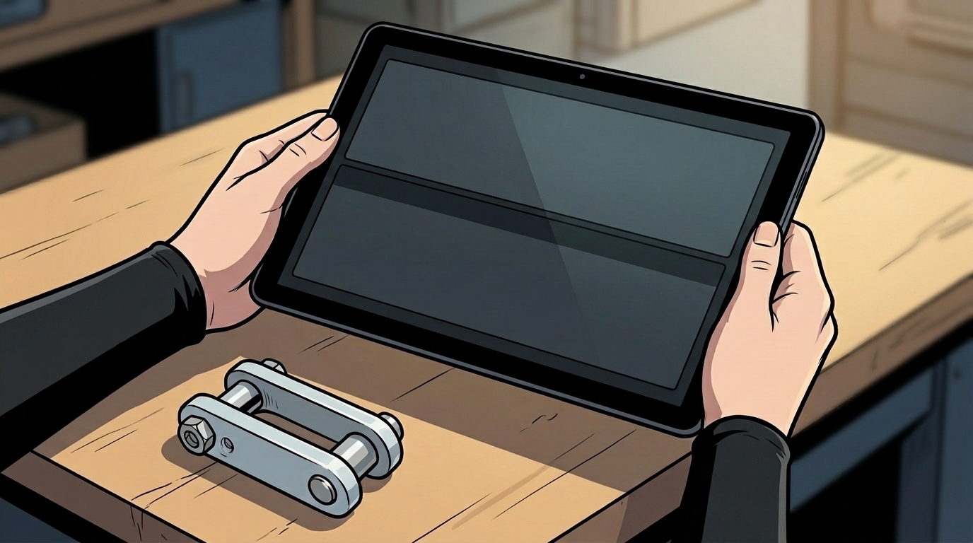 Dexy holds a tablet displaying the independent maker record beside the original load-mount sample on the workbench.