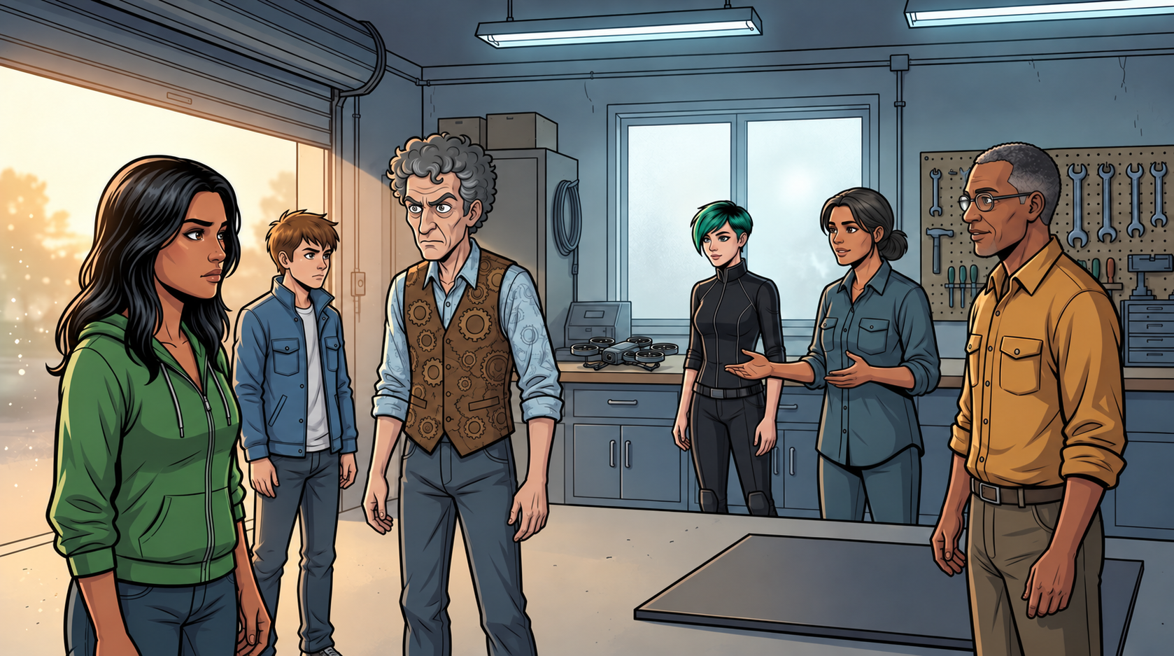 Ketty, Kaz, Barney, Dexy and Leena meet Ivo inside the dam service bay.