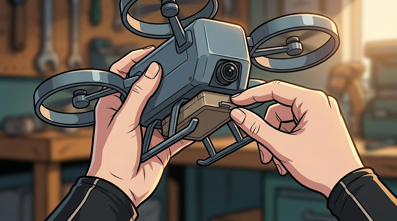 Bare hands attach a small payload carrier beneath the inspection drone; its camera and guarded rotors remain visible.