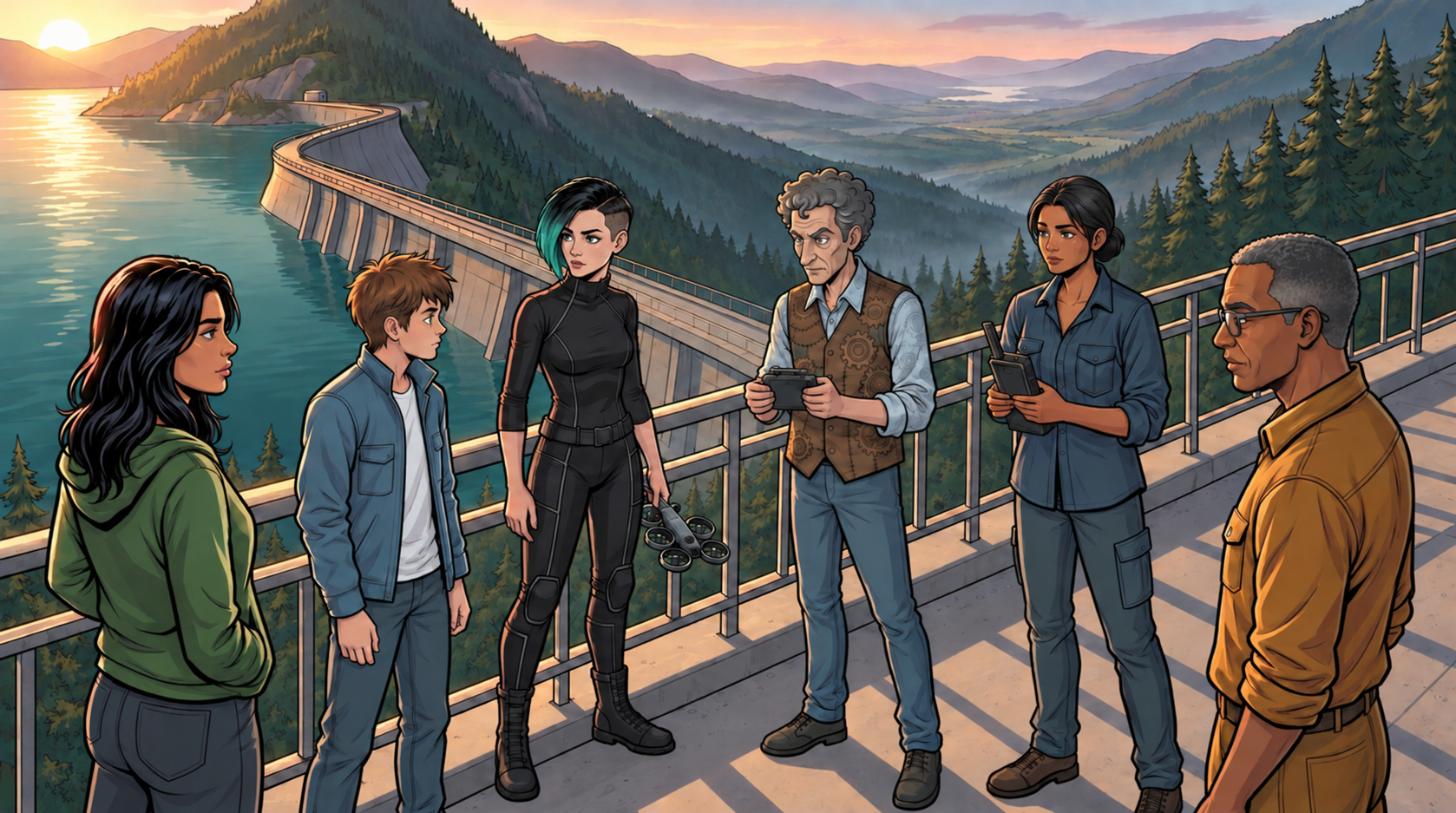 The five Chinci visitors confer with Ivo on the dam walkway while Arlo speaks through the satellite handset.
