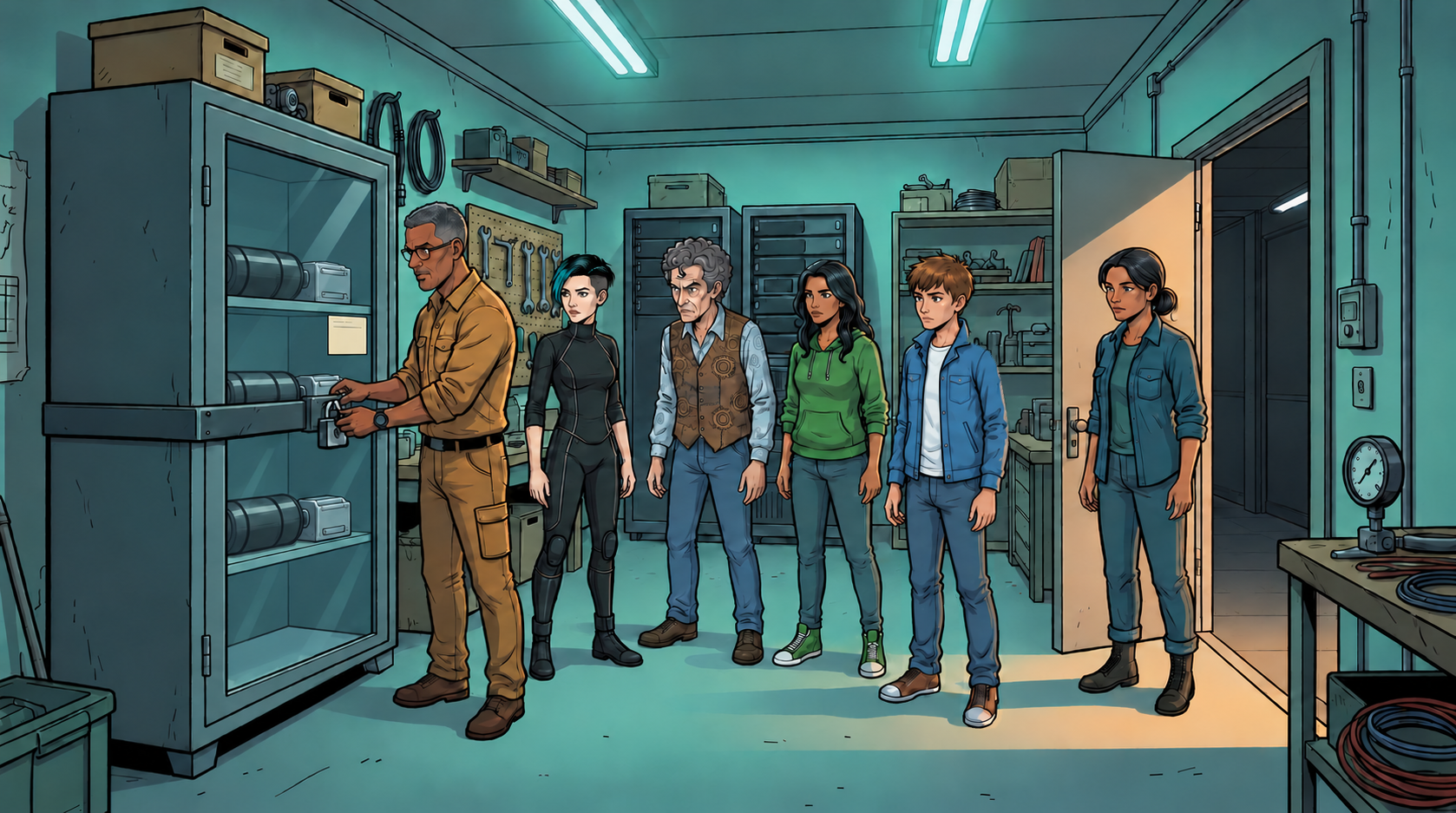 Ivo locks the unissued defence equipment in Hill Annex while Dexy, Barney, Ketty, Kaz and Leena watch.