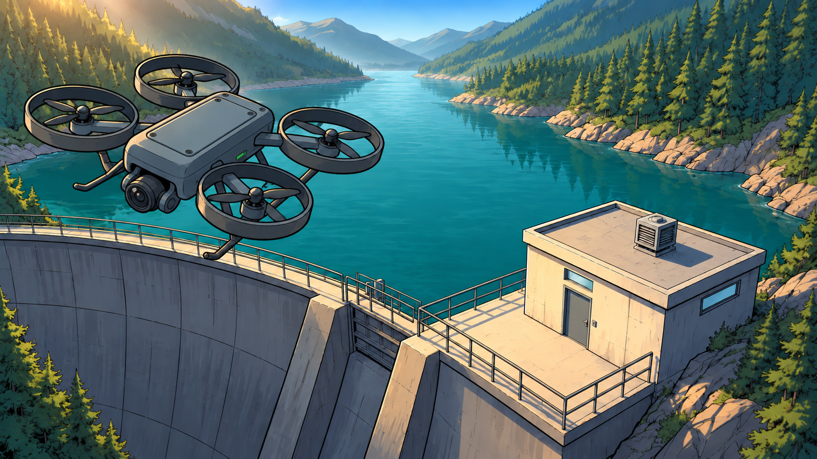 The group’s small drone hovers above the dam compound, searching for Aster’s cooling exhaust.