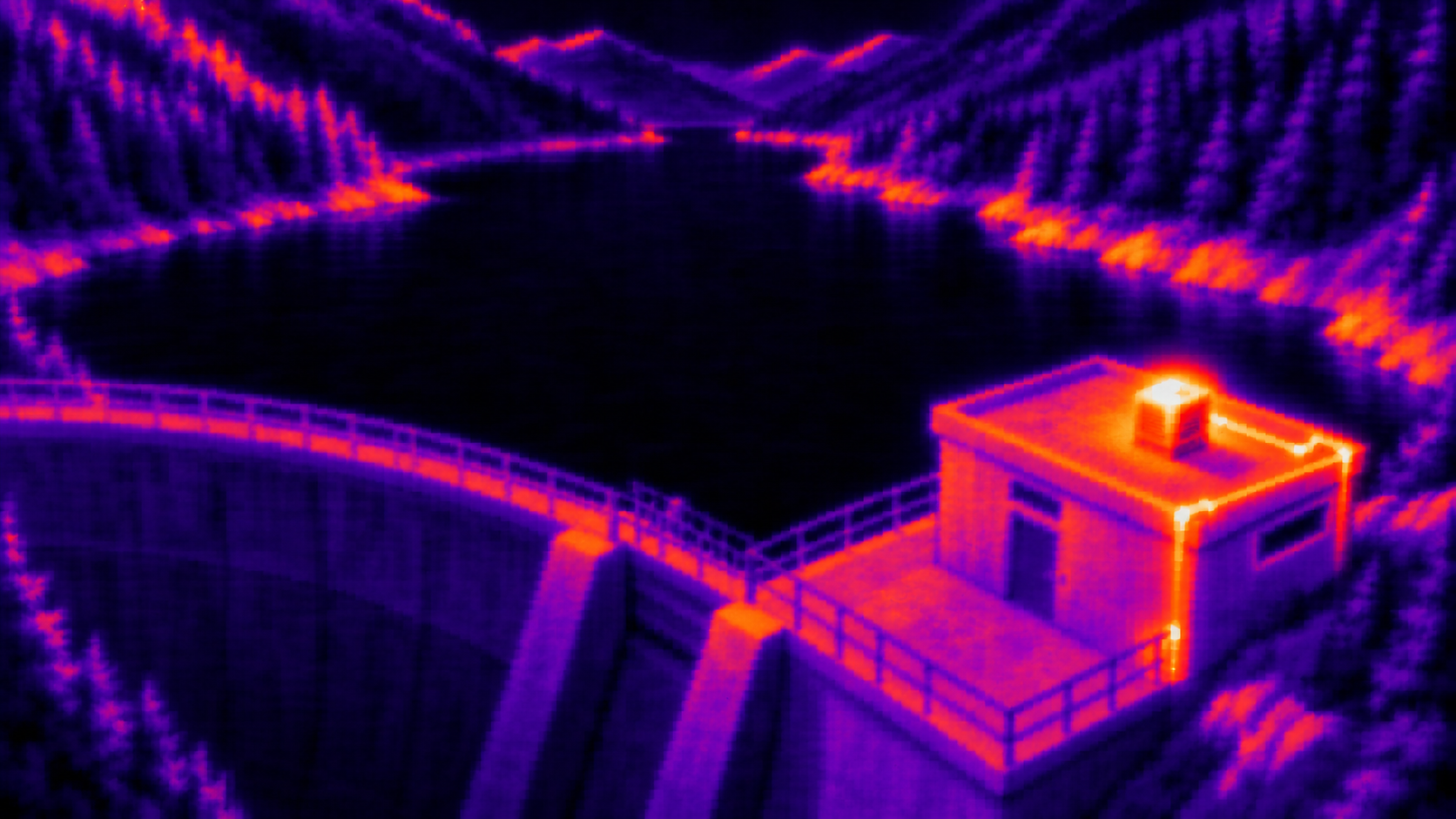 A coarse, blurry thermal view of the same dam-side building shows near-black water and cool purple surfaces. Bright warm-water pipes and a diffuse white-hot rooftop exhaust suggest Aster’s possible location.
