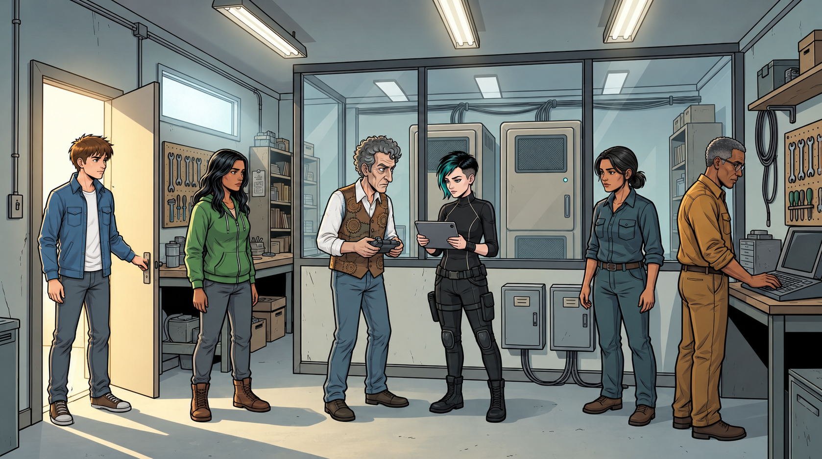 Ivo shows the team two physical host cabinets while Dexy checks a tablet, Barney holds the portable controller, and Kaz stands with the group.