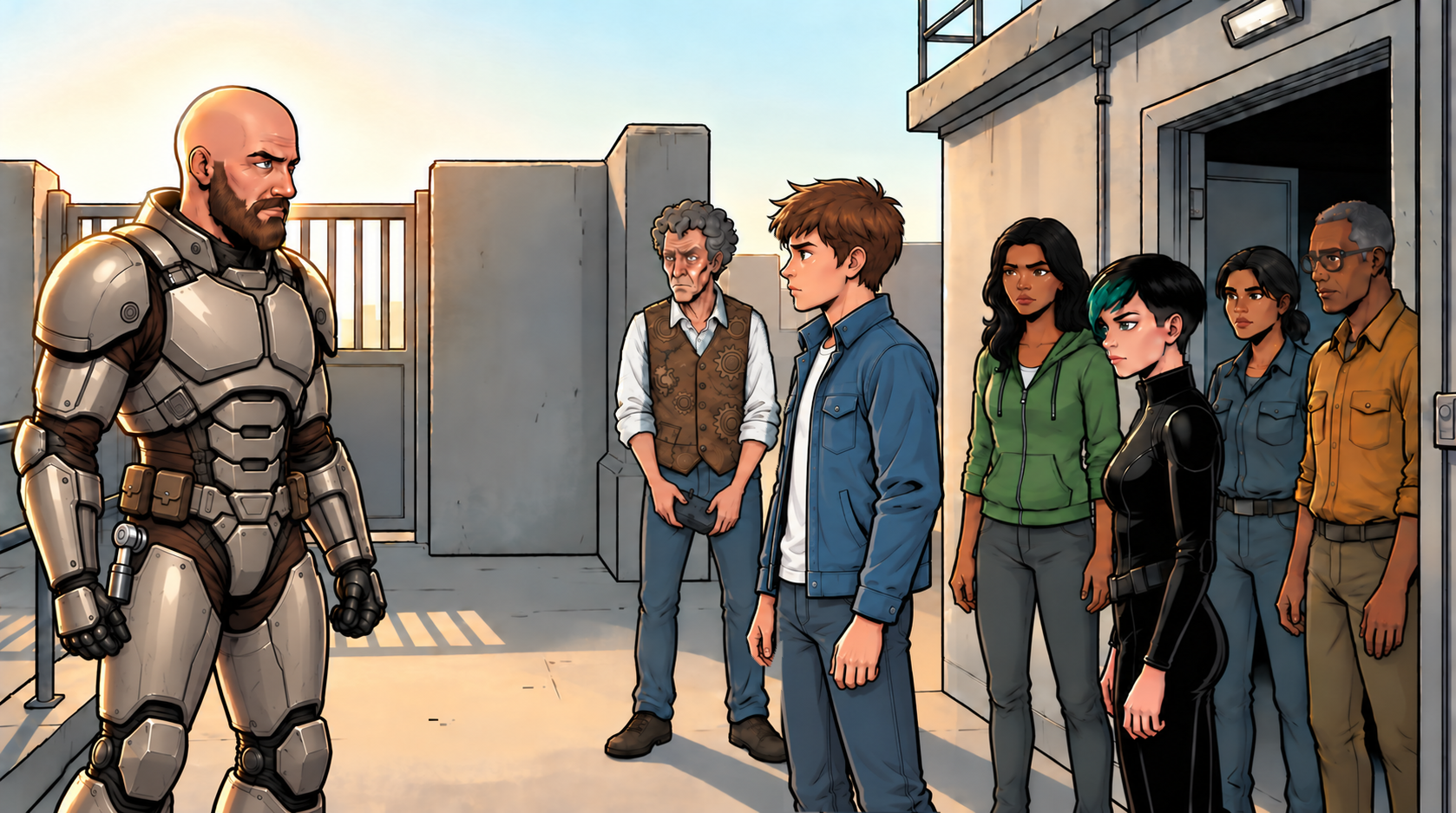 Ren confronts Kaz, a young man, and the team outside the plant house while Ivo and Leena stand near the doorway.