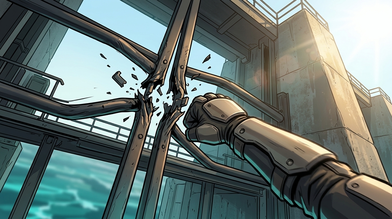 Ren’s armoured fist breaks the north gate while Dexy warns the others from outside the picture.