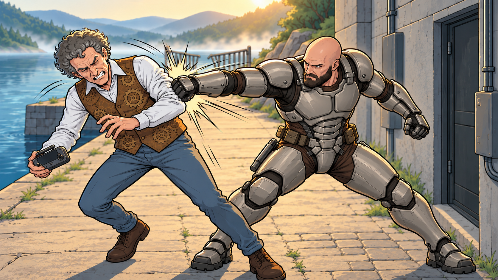 Ren drives a clenched armoured fist into Barney’s left upper arm. Barney recoils sideways from the impact while both men are still standing.
