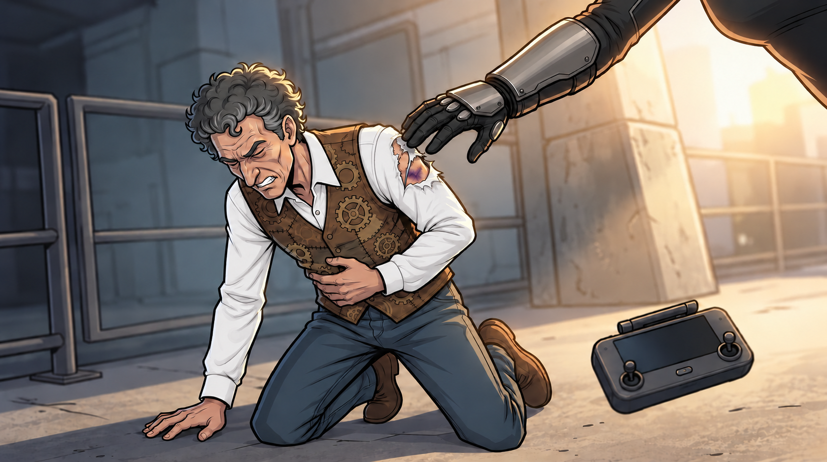 Barney falls after Ren strikes his left shoulder; the portable controller drops beside him.