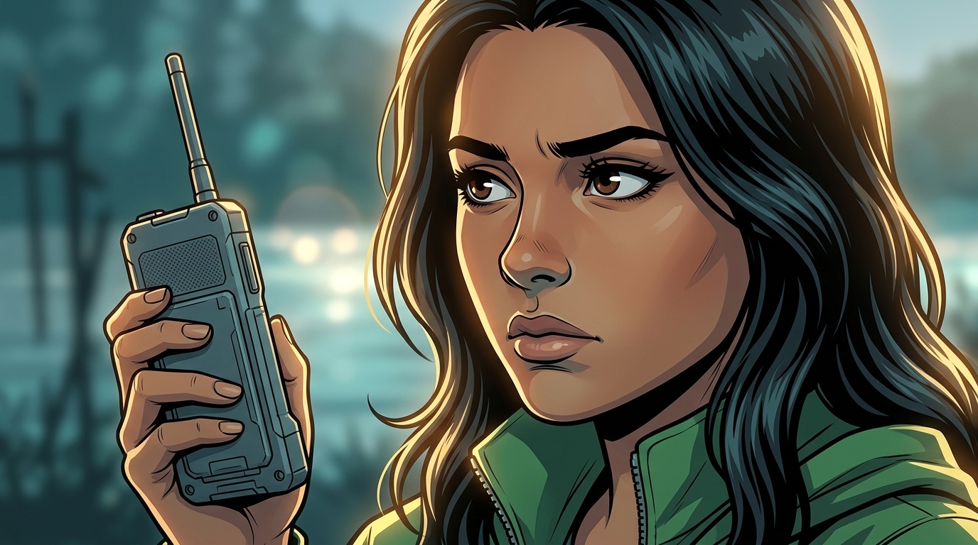 Ketty watches Ren while reporting into the satellite handset, whose rear faces the reader.