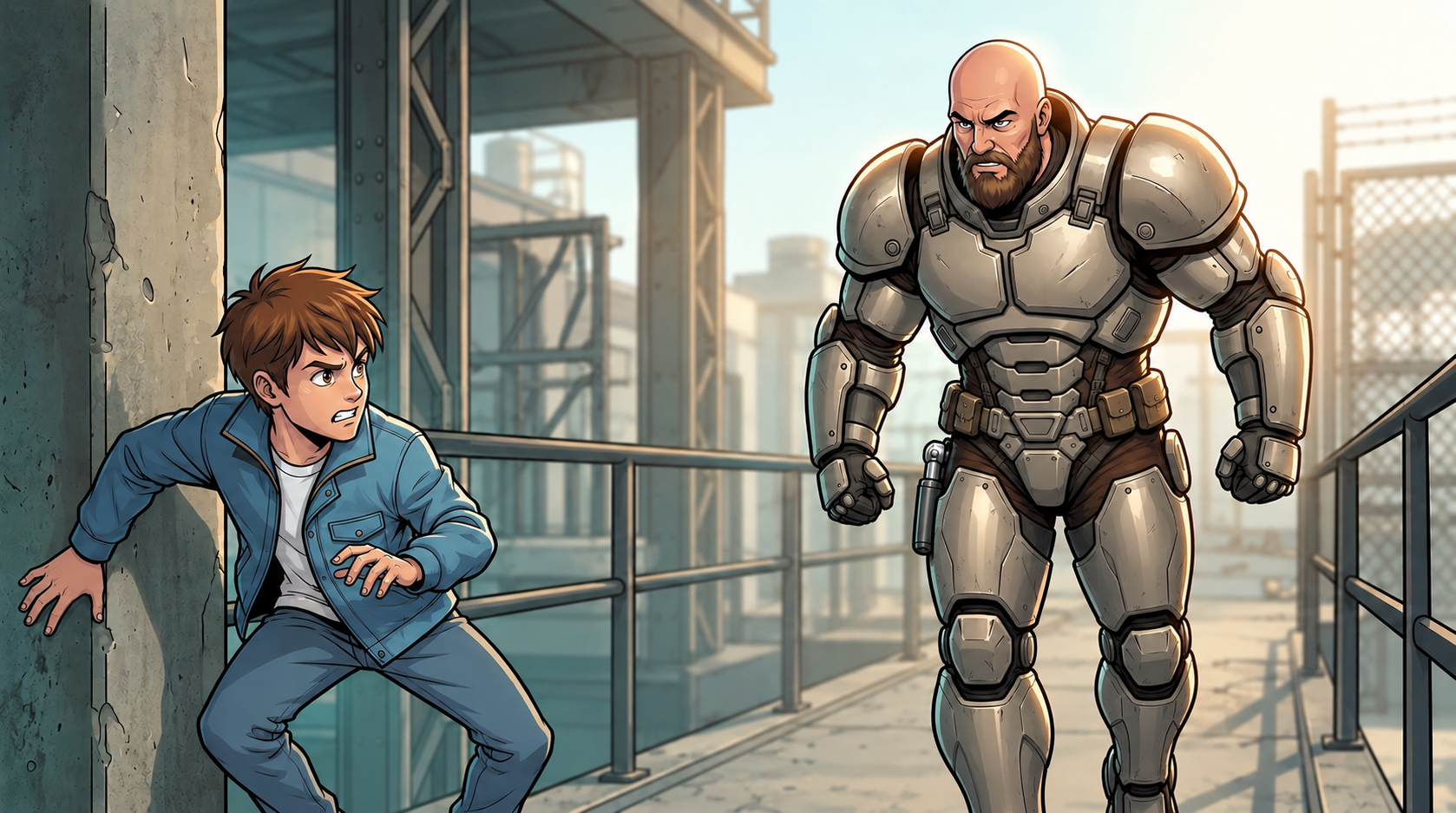 Ren advances in his intact powered armour while Kaz retreats around the buttress.