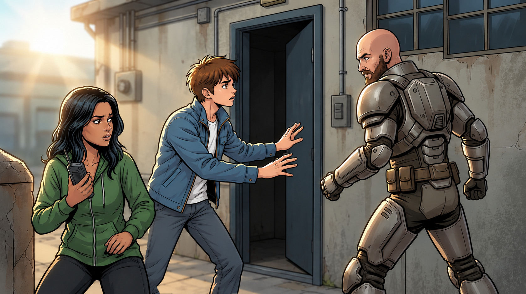 Kaz, a young man, draws Ren’s attention away from the plant-house door while Ketty holds the active satellite handset in the foreground.