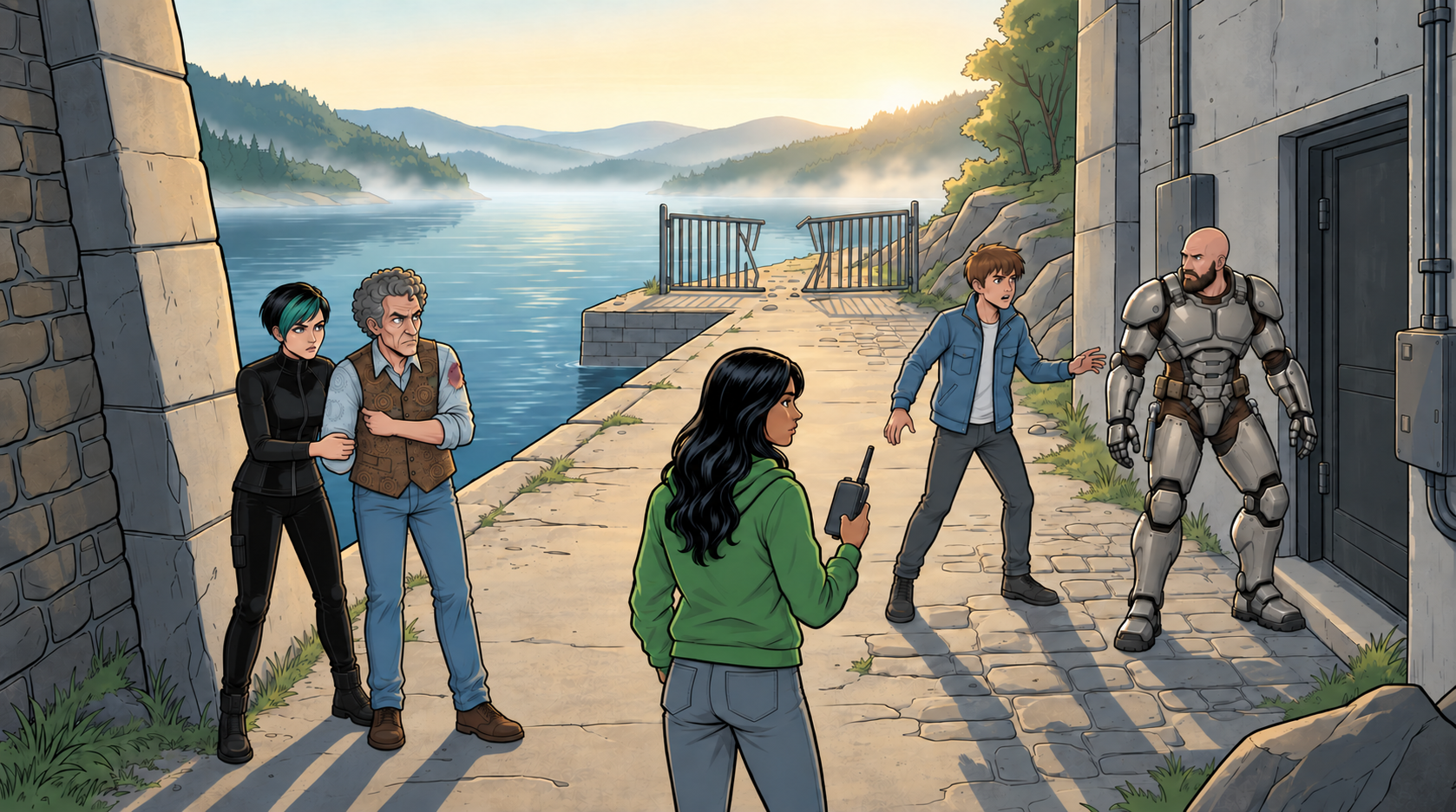 Kaz draws Ren away from the dam’s control-house door while the others remain behind the south-side cover.