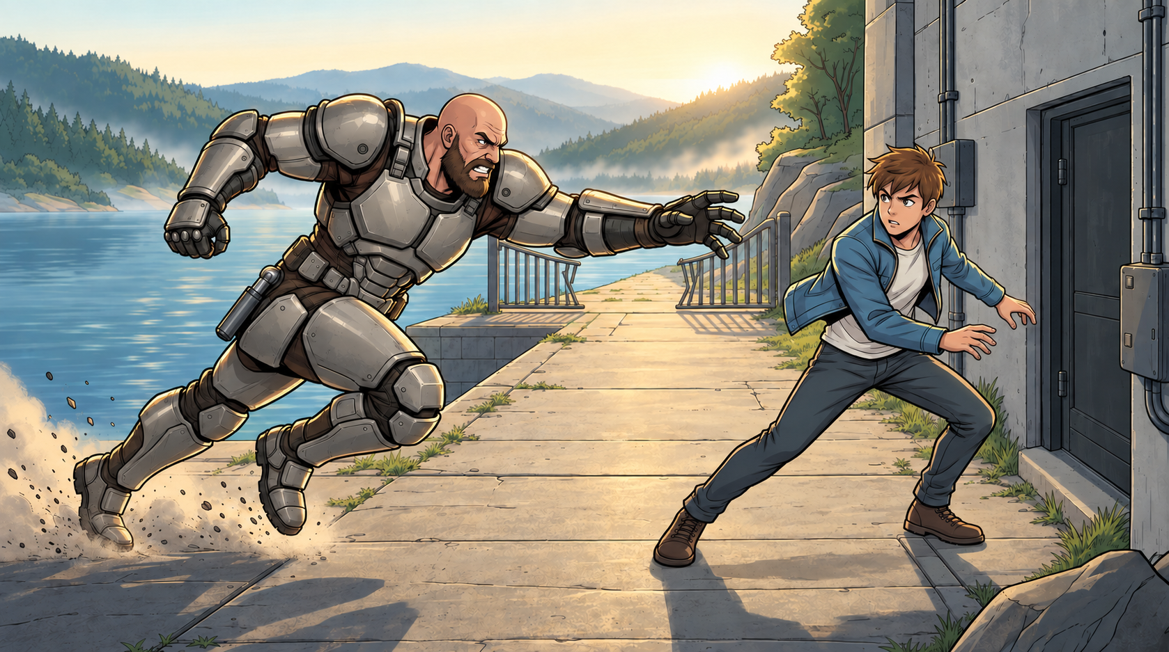 Ren commits to another charge across the landing as Kaz moves away.
