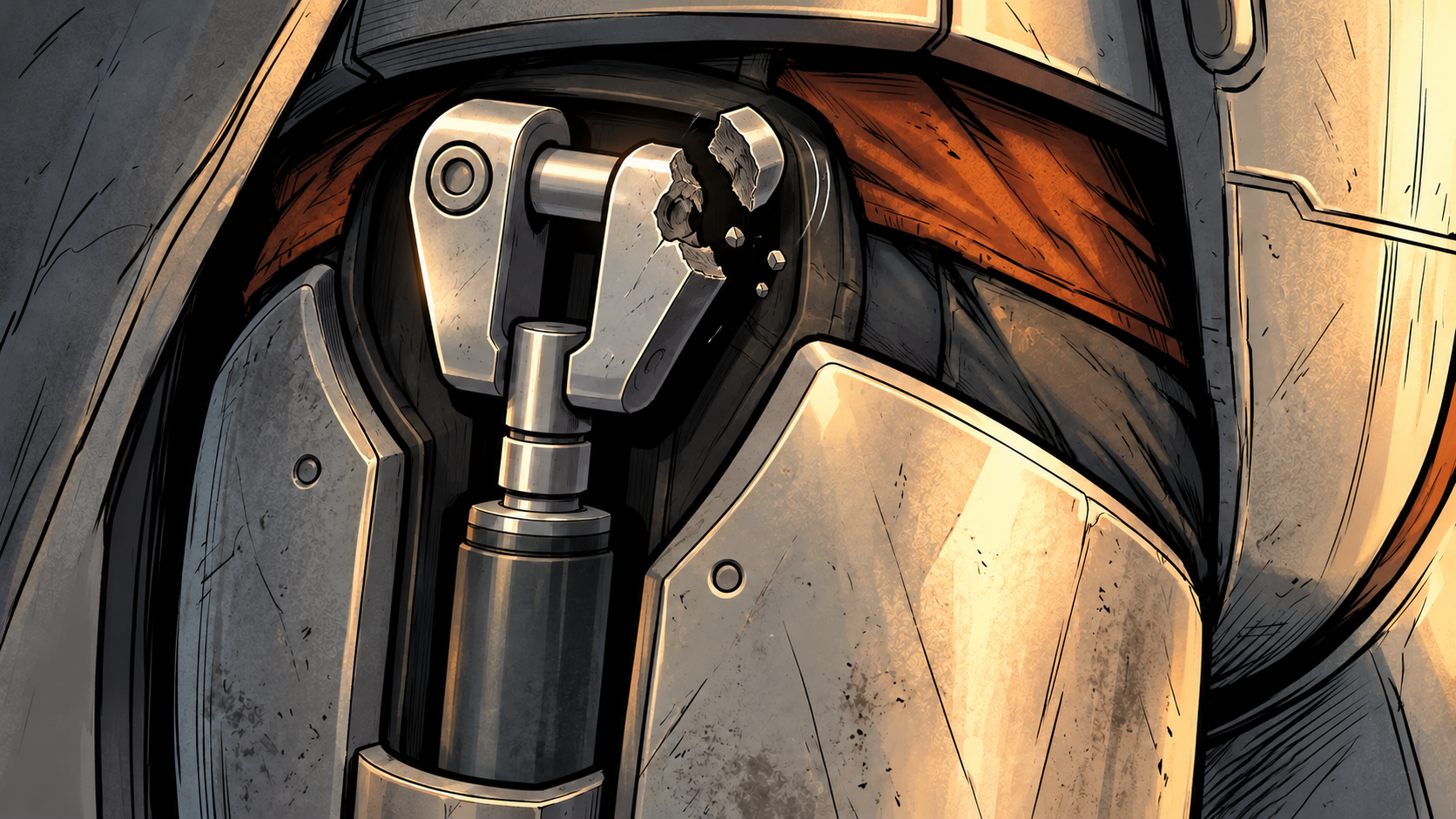 The clevis at Ren’s physical right upper-thigh load-frame mount fractures under the committed load.