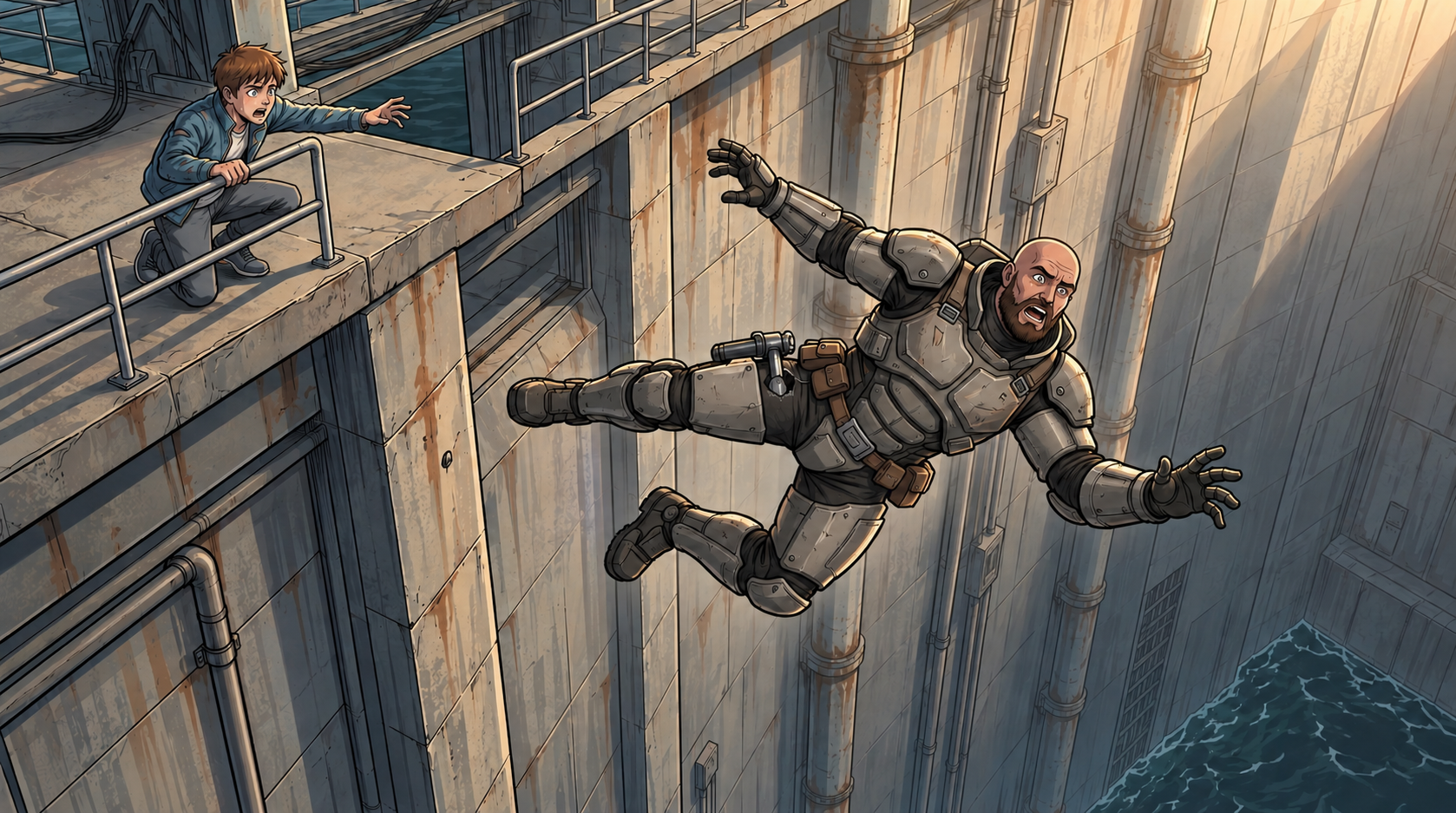 Ren’s momentum carries him through the broken north gate as Kaz stays on the landing.