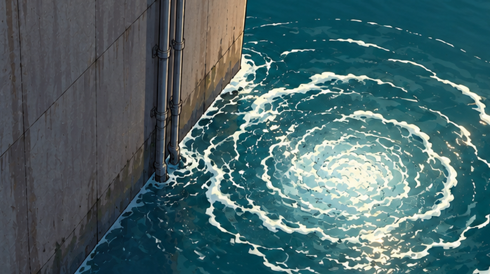 Foam and widening ripples churn beside the lower concrete dam wall and its vertical pipes; the top of the dam is outside the view.