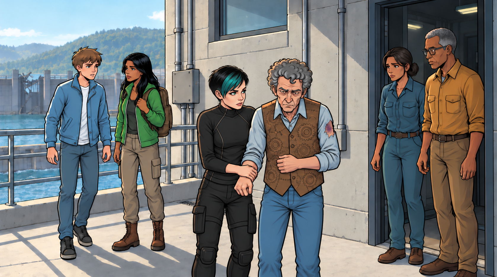 The six survivors gather outside the control-house threshold while Leena explains that Aster is still running.