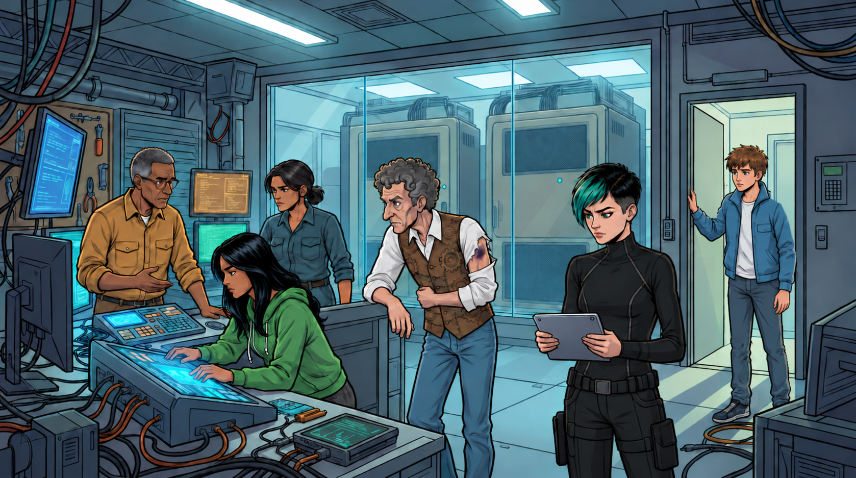 Inside the control house, Kaz stands with the survivors as Ivo brings the team back to the utility handover while both host banks remain active.