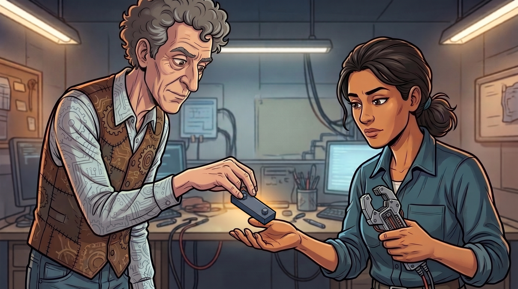 Barney passes the same dark two-peg optical link into Leena’s open palm in the workshop while she holds the C-shaped mechanism.