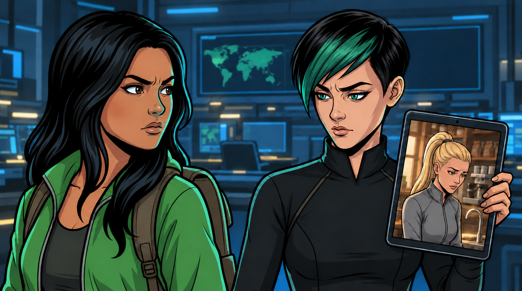 Ketty compares the console’s restored-supply claim with Mina’s dry-tap report while Dexy holds the tablet.