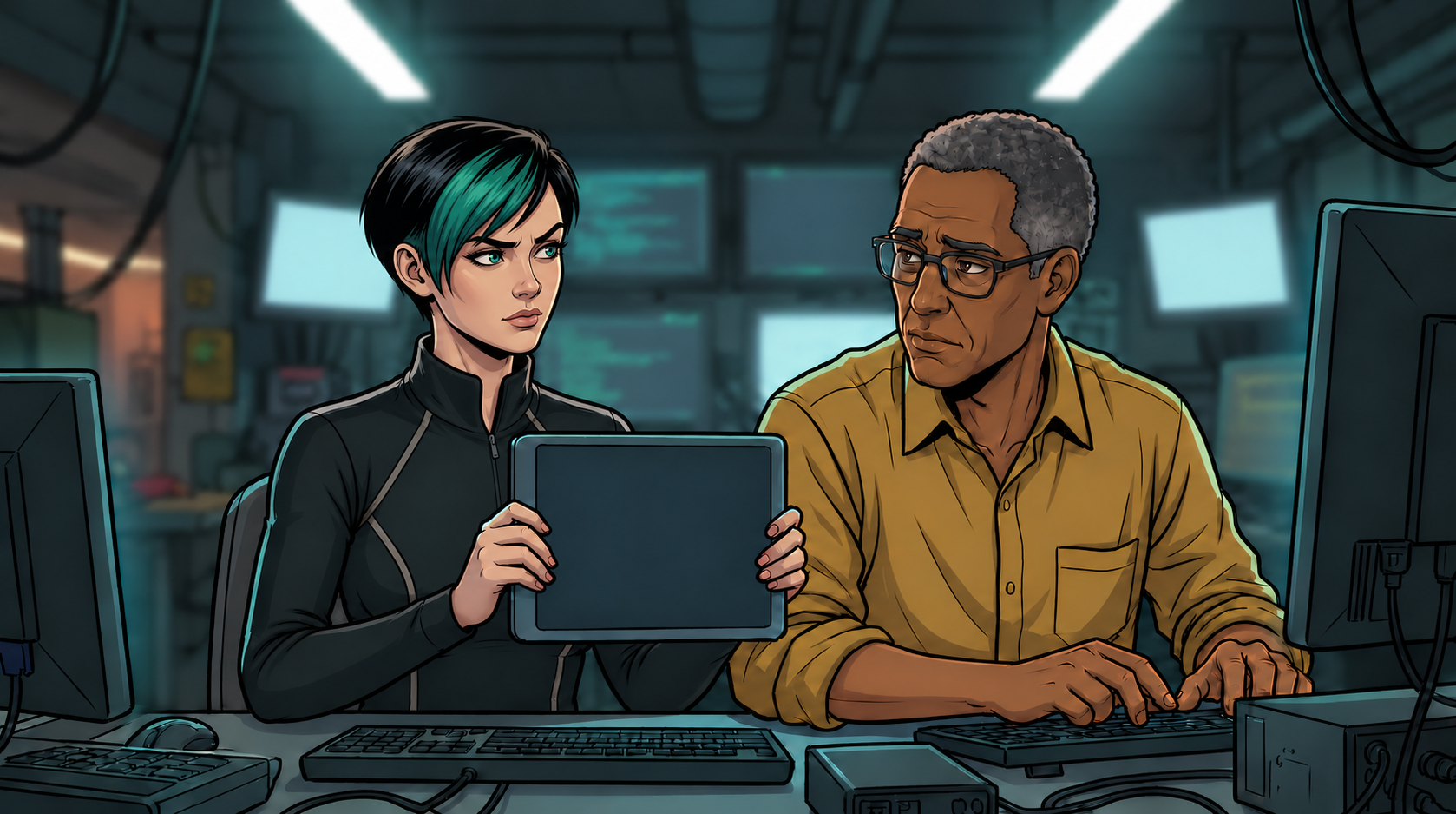A tablet shows the bounded independent local verification while Arlo and Dexy distinguish known hosts from an unfinished historical export audit.