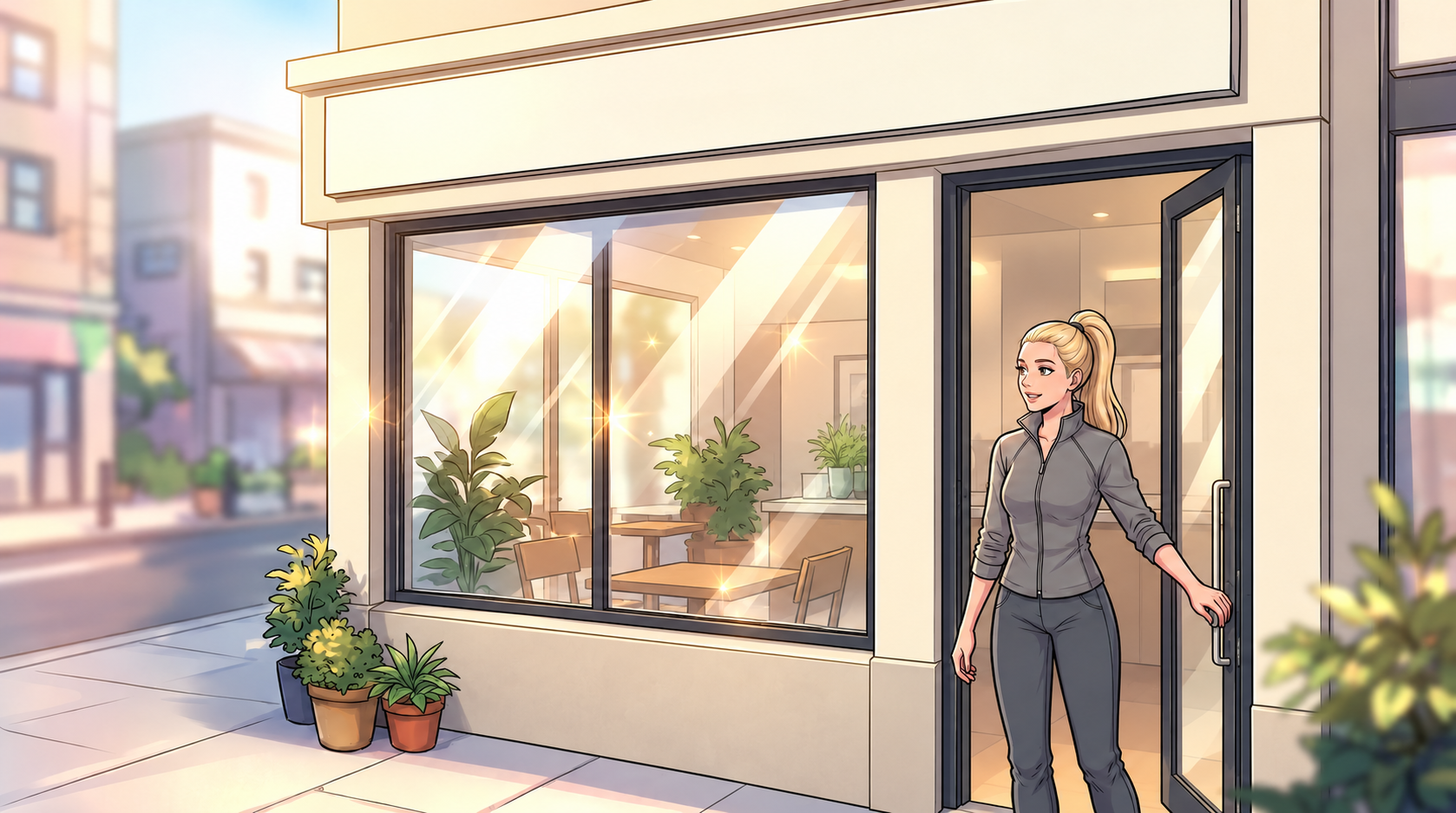 Mina stands alone at the doorway of her café in Luma after checking its supply.