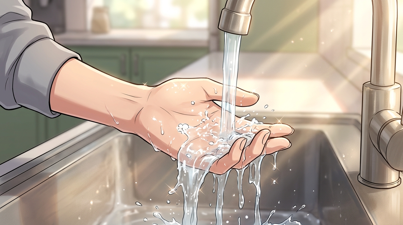 Mina holds a hand under the café tap’s continuing clear water and reports that it is still running.