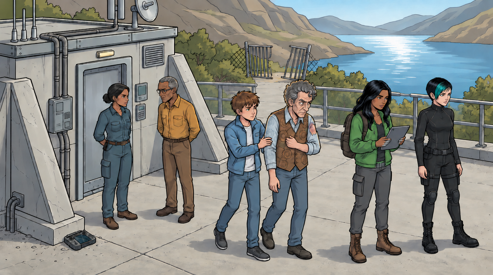 The six survivors reunite outside the control house; Kaz supports Barney’s uninjured side while Ketty relays Mina’s report and Dexy looks toward the reservoir.