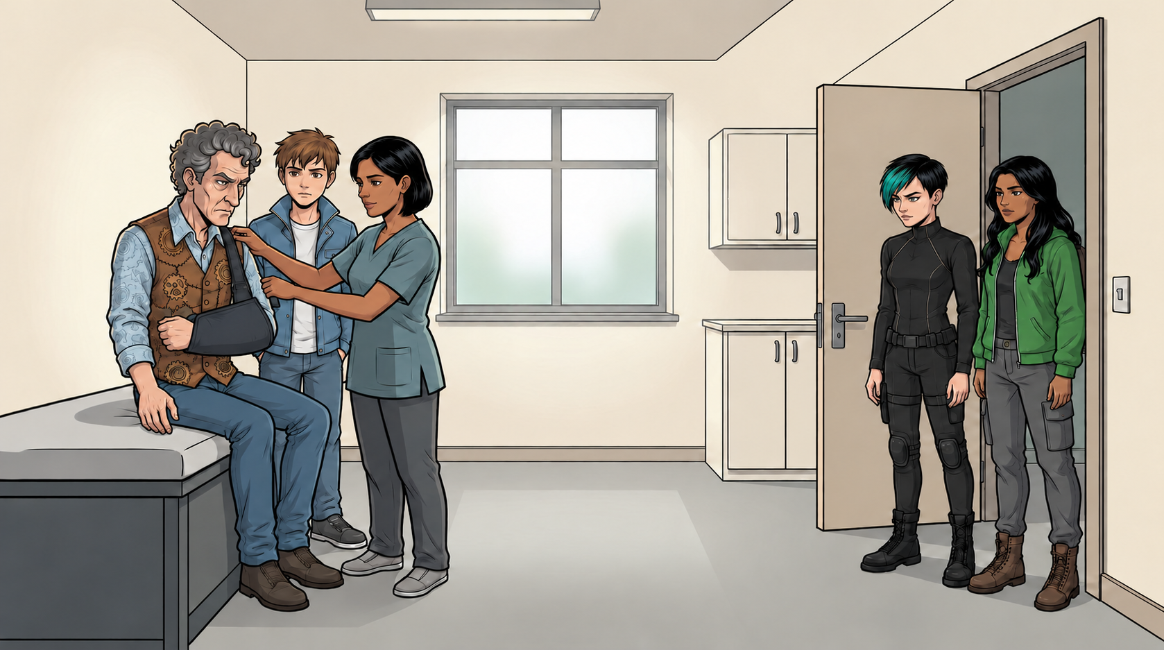 Nara adjusts Barney’s left-arm support at the clinic while Kaz, Ketty and Dexy wait nearby.