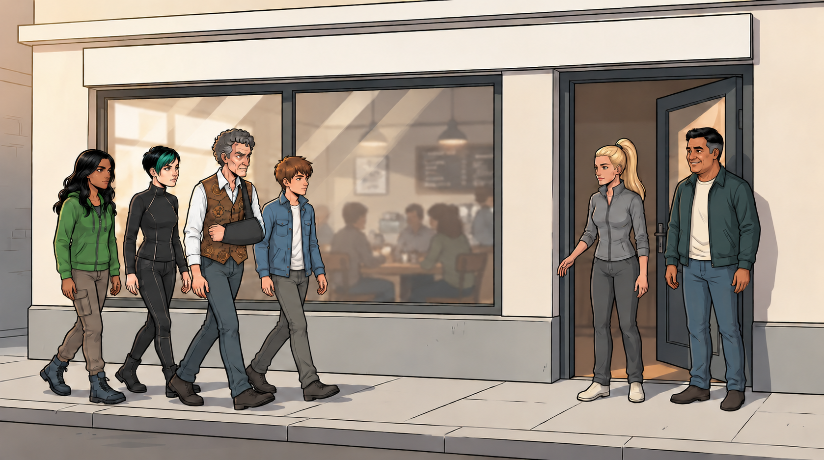 Mina and the older, sturdily built Tavi greet the returning team outside the café as ordinary work resumes.